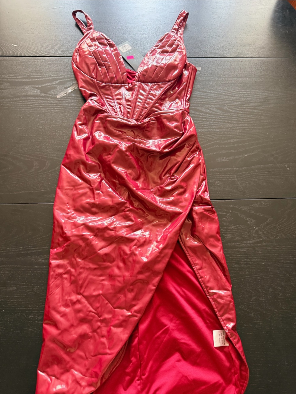 AKIRA Shiny Red Satin-Look Midi Dress with Corset Bodice